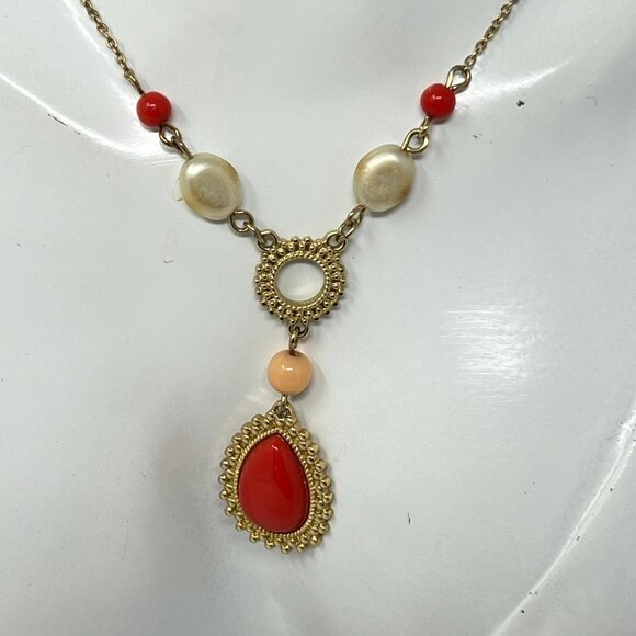 Vintage Avon Necklace Gold Tone Orange Drop and White Tan Beads - Picture 2 of 9